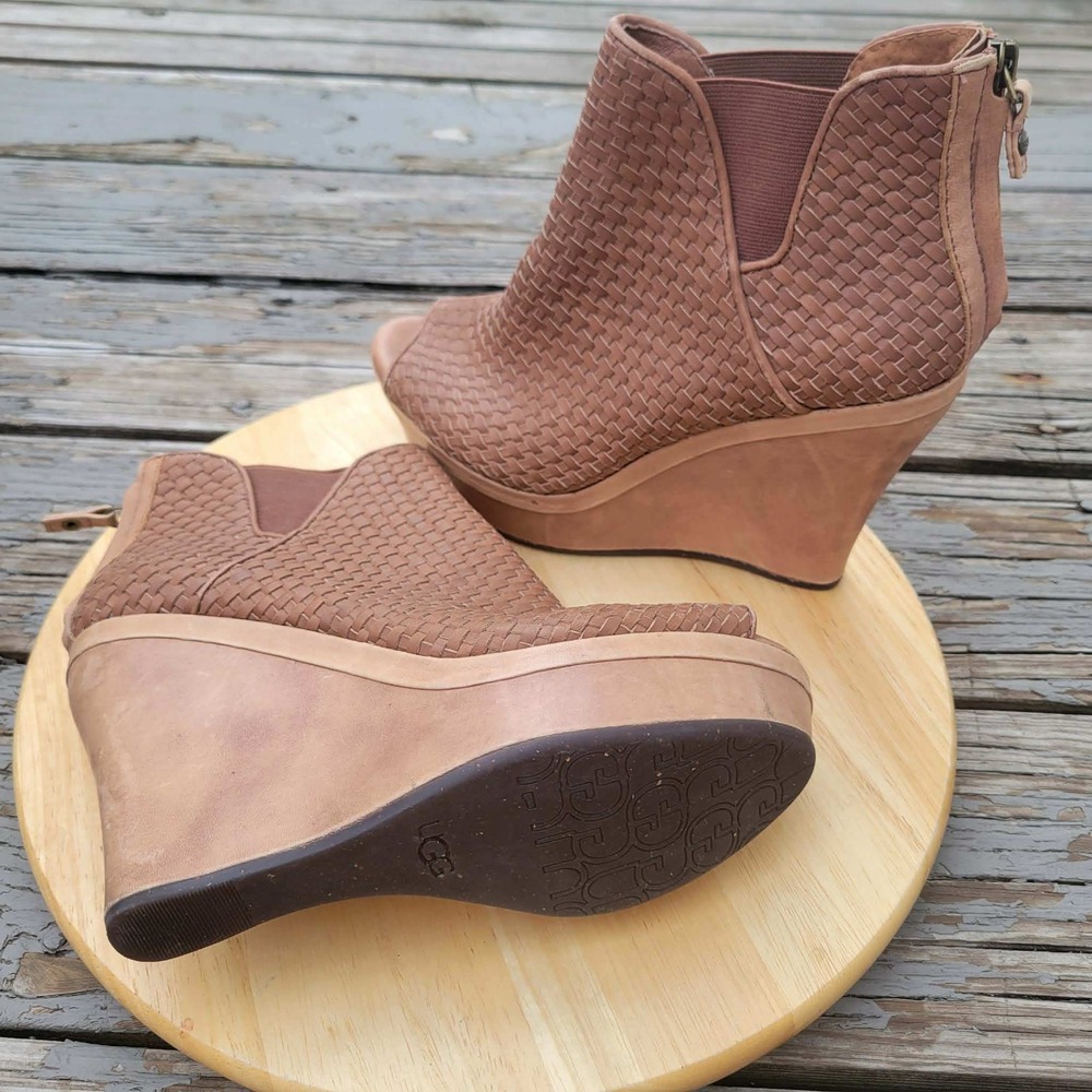 UGG Hamra Womens 8 US Woven Leather Peep Toe Wedge Booties Boho Chestnut 1002897 - Picture 4 of 15
